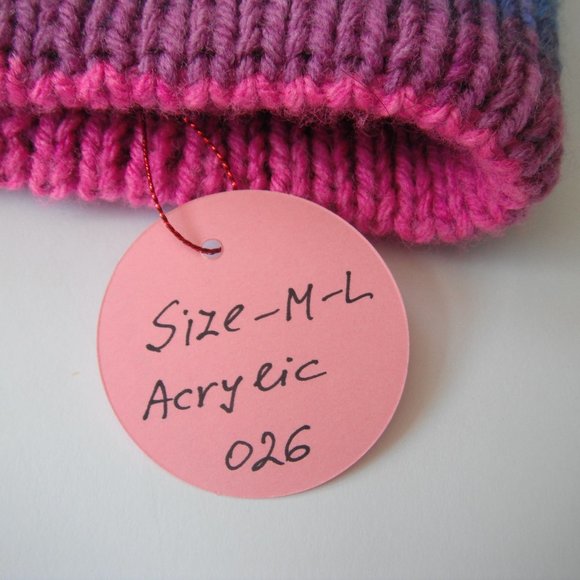 Hand Knitted Hat Toque Adult Size - L-M  Acrylic Pink/Blue-026B Hand knit by me - Picture 8 of 8